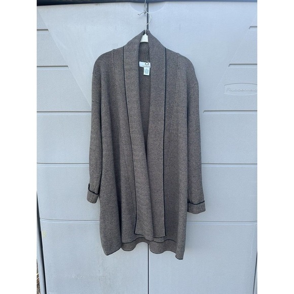 Magasconi Open Front Long Line Cardigan Duster Sweater Tan Herringbone Heavy Med - Picture 1 of 9